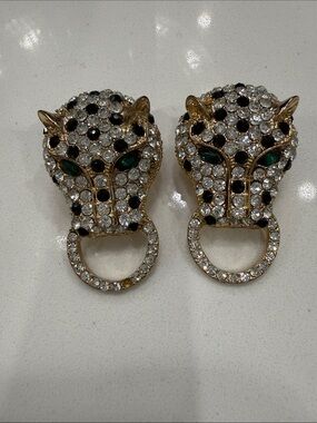 Gold-Tone Leopard Head Crystal Drop Earrings with Black & Clear Stones